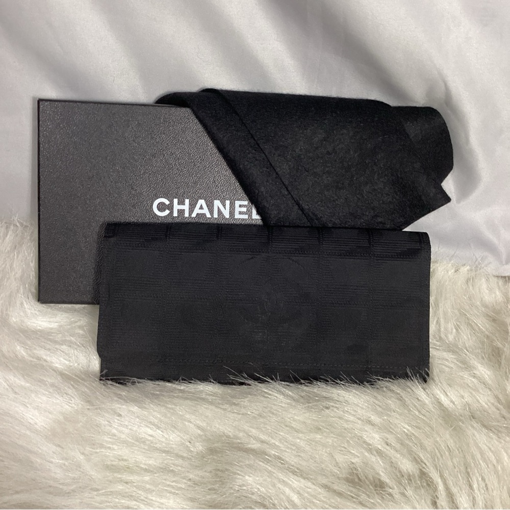 CHANEL Travel Ligne Long Bi Fold Wallet #756615 Black Nylon Jacquard Leather